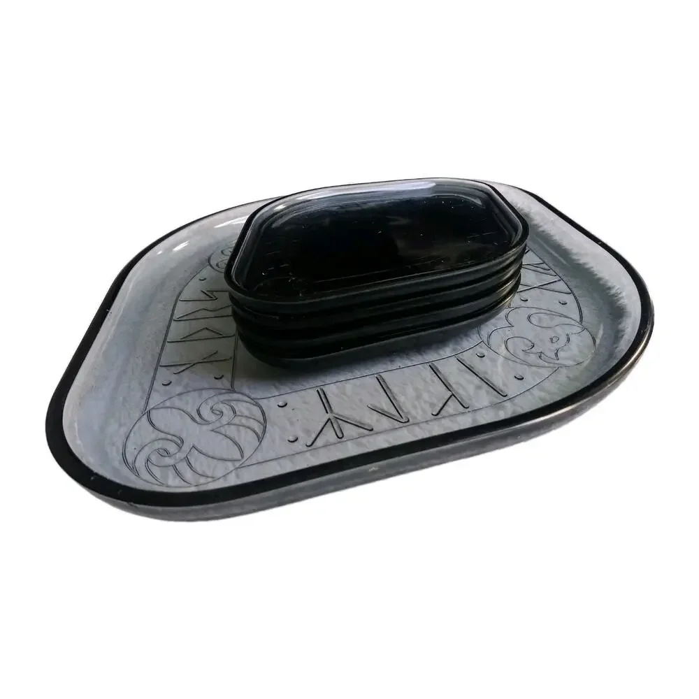 Flygsfors Sweden Paul Kedelv Charcoal Gray Glass Viking Rune Platter Set 5 MCM